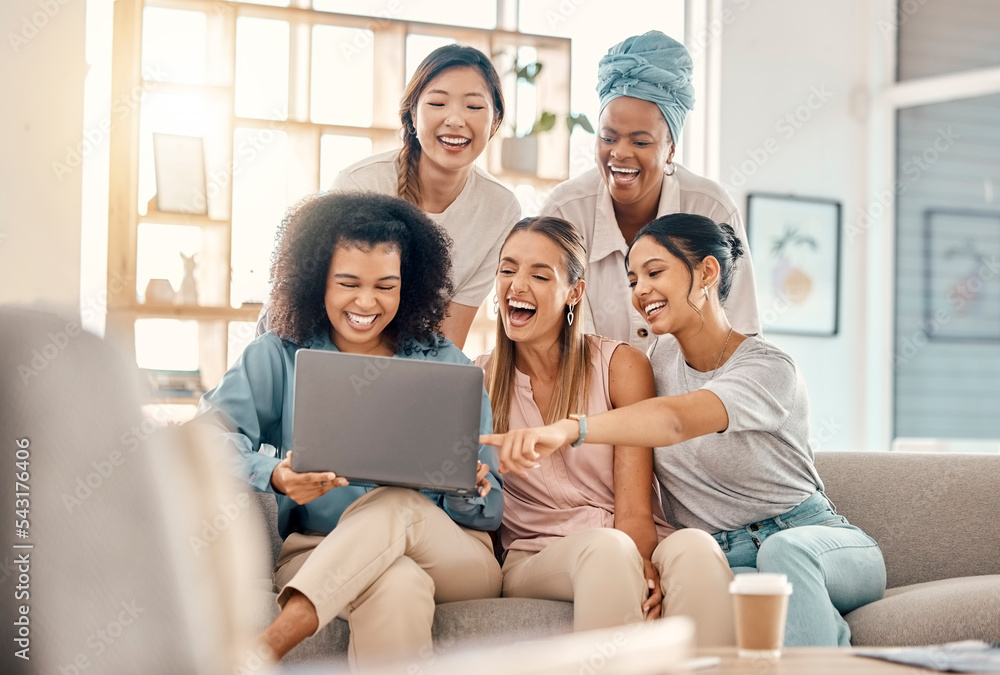 Startup business, women and laptop with happy employees laughing about funny social media meme together on office couch. Female entrepreneur team together for success, happiness and online comic post Startup business, women and laptop with happy employees laughing about funny social media meme together on office couch. Female entrepreneur team together for success, happiness and online comic post