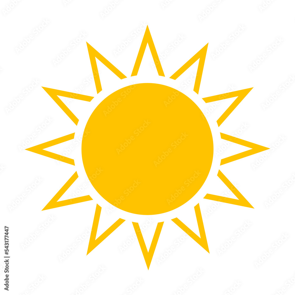 Shape of bright sun. Vector illustration of bright yellow round sun with rays in summer. Cartoon sunrise glow isolated on white Shape of bright sun. Vector illustration of bright yellow round sun with rays in summer. Cartoon sunrise glow isolated on white