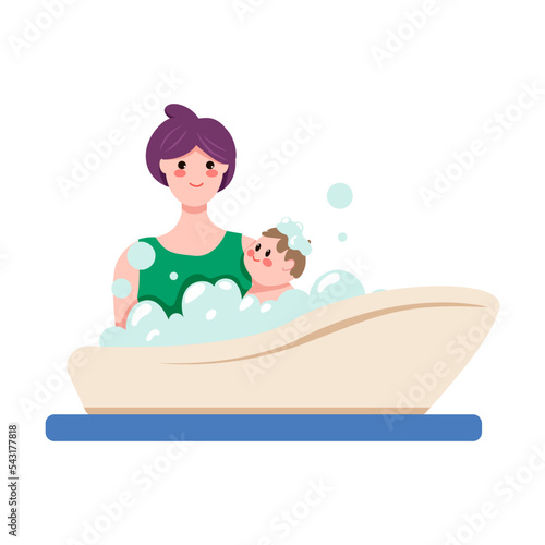 Lttle baby taking bath in the bathroom. Vector illustration of newborn child. Cartoon isolated on white