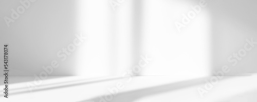 Fototapeta Naklejka Na Ścianę i Meble -  Abstract white studio background for product presentation. Empty room with shadows of window. Display product with blurred backdrop. Banner