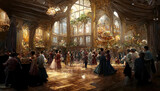 AI generated image of a grand Renaissance Ball in progress. Costumed ball. Medieval dresses