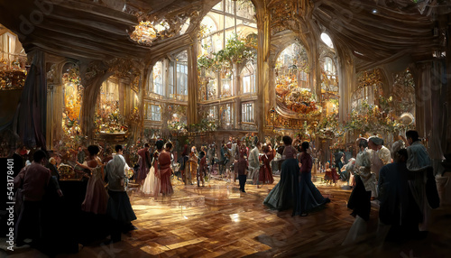 AI generated image of a grand Renaissance Ball in progress. Costumed ball. Medieval dresses