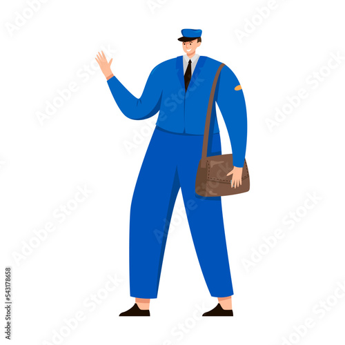 Postman character, objects of delivery service. Vector illustration of mailman with bag isolated on white. Courier job