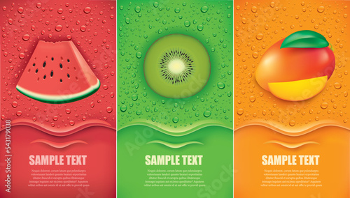 many fresh juice drops background with watermelon, kiwi, mango	

