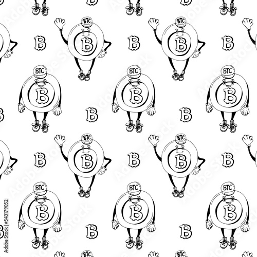 Cute funny Crypto coin character seamless pattern with black coins isolated on white background.Vector 