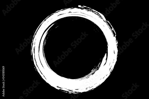 White circle brush stroke vector isolated on black background. White enso zen circle brush stroke. For stamp, seal, ink and paintbrush design template. Grunge hand drawn circle shape, vector
