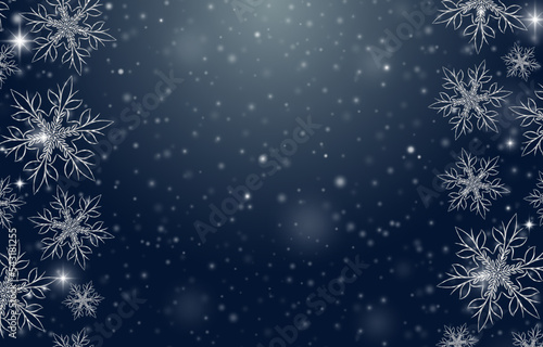 Winter background with snowflake frames. Snowfall in the night. Star decoration.