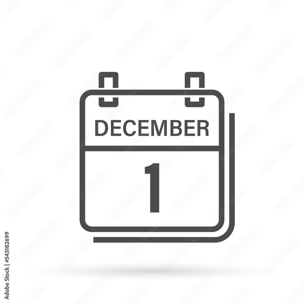December 1, Calendar icon with shadow. Day, month. Flat vector illustration.	

