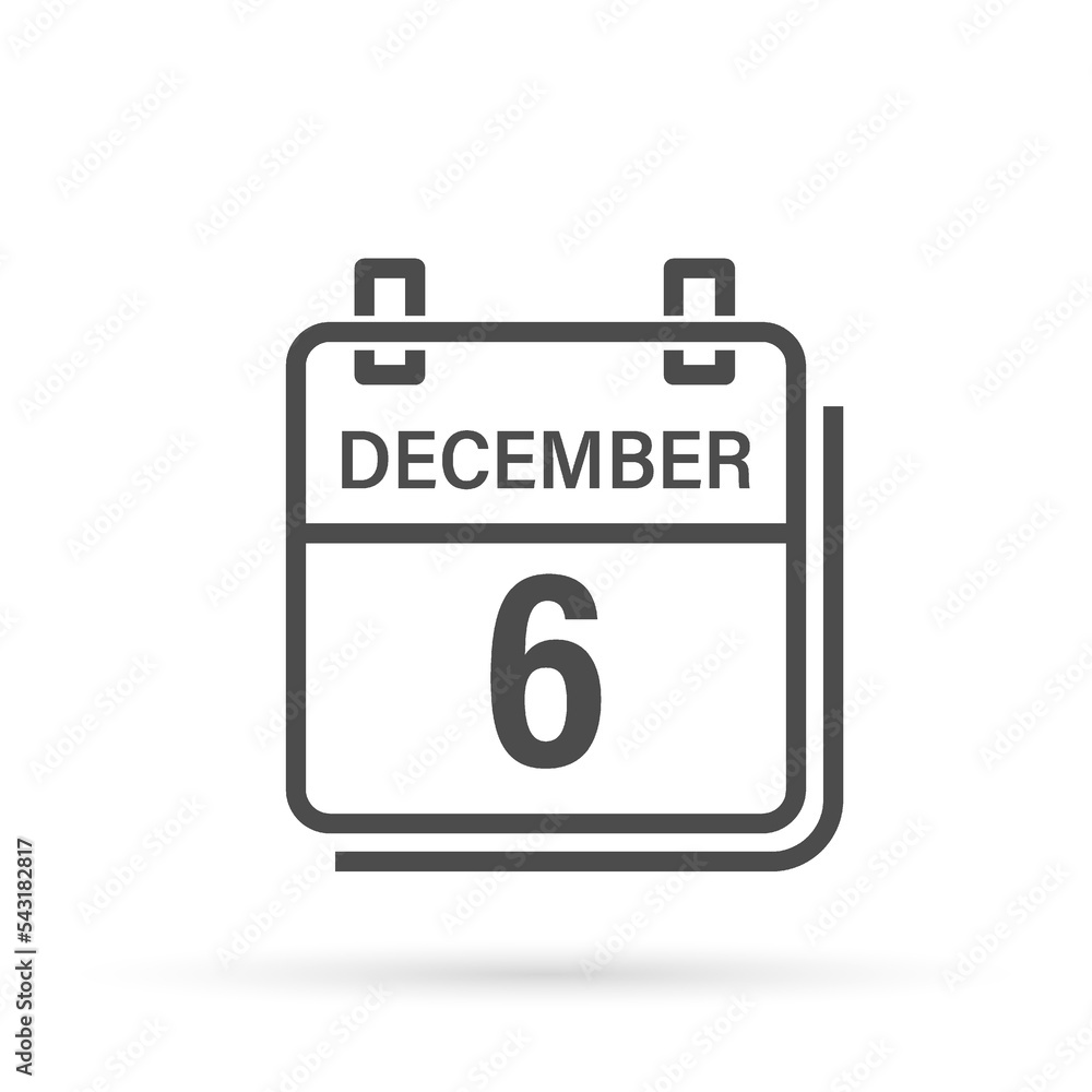 December 6, Calendar icon with shadow. Day, month. Flat vector illustration.
December 6, Calendar icon with shadow. Day, month. Flat vector illustration.