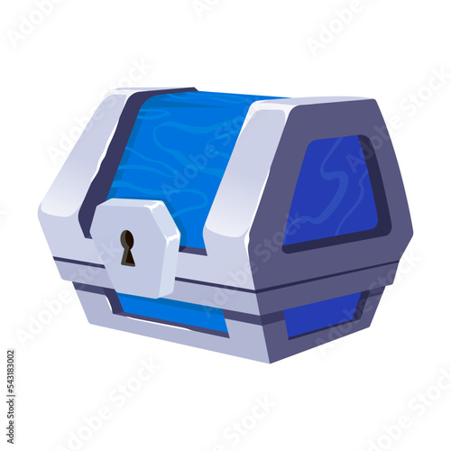 Closed treasure chest opening animation. Vector illustration of empty blue metal box with lock. Game trunk or safe isolated on white