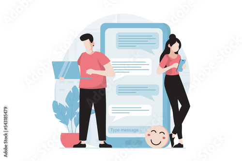 Social network concept with people scene in flat design. Man and woman chatting and sending messages in program on laptop and mobile phone app. Vector illustration with character situation for web
