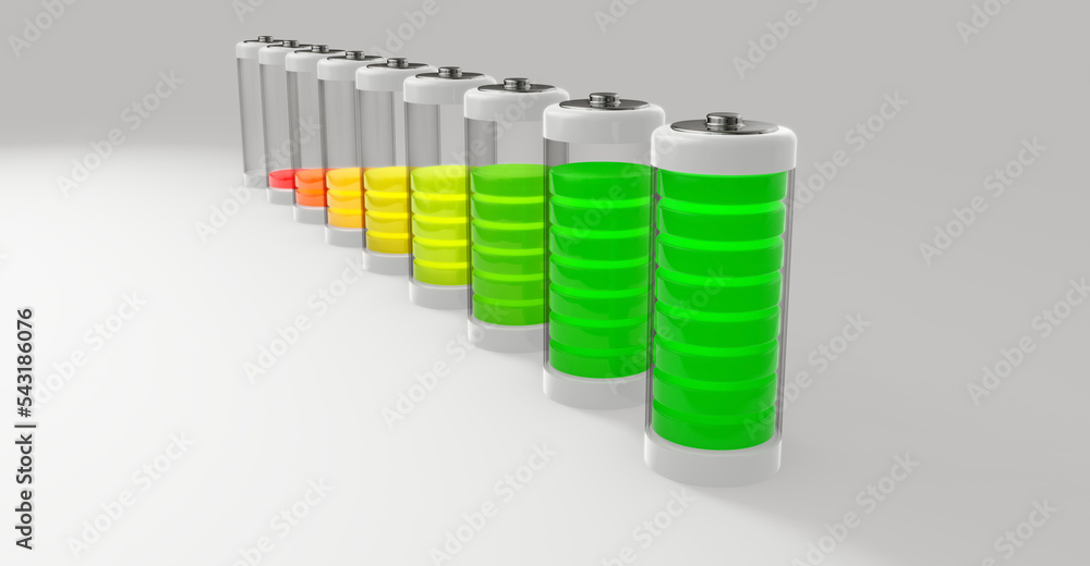 Batteries with a charge level on a white background. 3d rendering Batteries with a charge level on a white background. 3d rendering