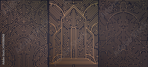 Vector set of geometric design, mono line style, abstract golden frames, luxury packaging templates. Use for ad, poster, card, cover. Art deco style, arch, building illustration.