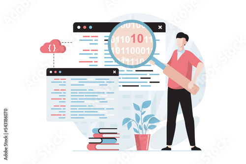 Software development concept with people scene in flat design. Man working as programmer, searches and fixing code errors, develops programs. Vector illustration with character situation for web