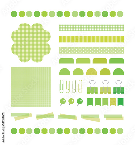 Set of deco icons and borders in green color and clover concept design. Various objects such as notes, labels, indexes, tongs, clips, pushpins and pins.