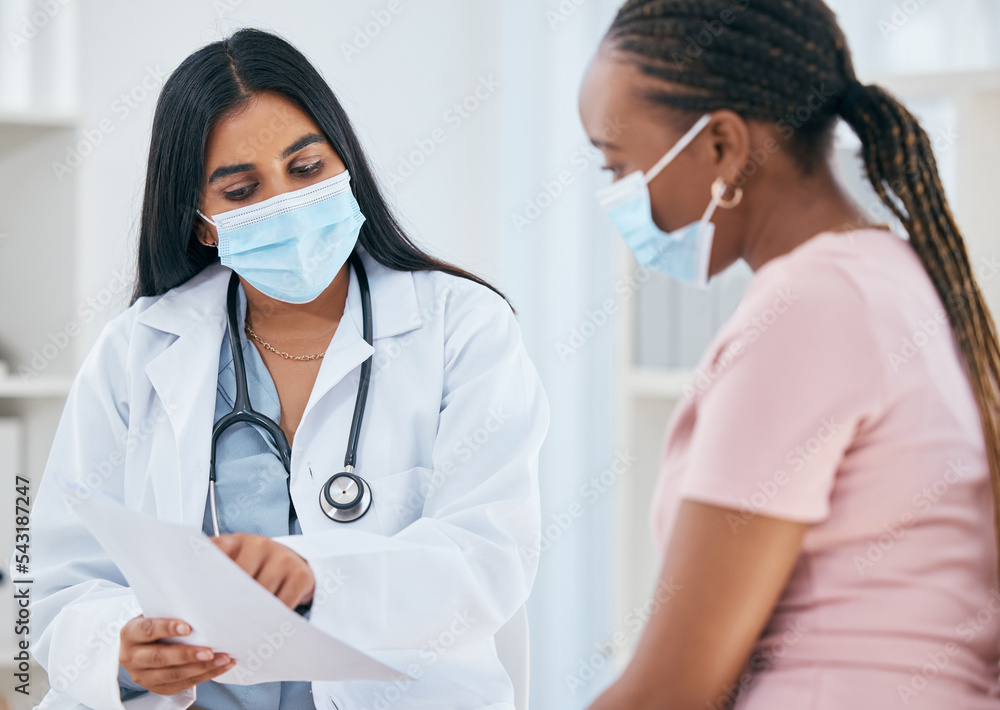 Doctor, covid mask and woman patient medical results in a health consultation in a clinic office. Diversity of women in a hospital, nurse and healthcare appointment with coronavirus consulting check Doctor, covid mask and woman patient medical results in a health consultation in a clinic office. Diversity of women in a hospital, nurse and healthcare appointment with coronavirus consulting check