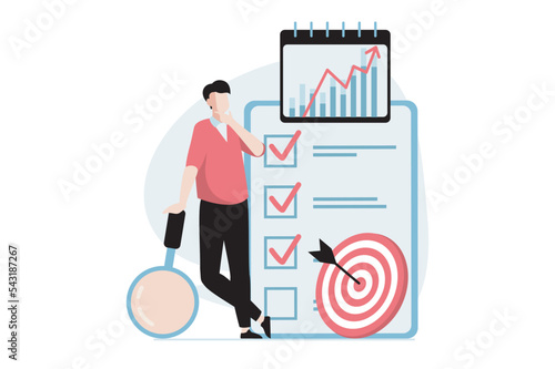 Strategic planning concept with people scene in flat design. Man analyzes business processes, plans tasks in list, targeting and achieving goals. Vector illustration with character situation for web