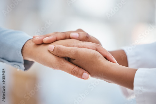 Doctor, women or holding hands in support, trust or medical wellness in hospital with anxiety stress. Zoom, healthcare worker or patient in counseling therapy for cancer, mental health or depression photo