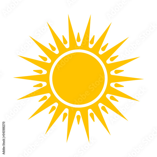 Shape of warm sun. Vector illustration of bright yellow round sun with rays in summer. Cartoon sunrise glow isolated on white