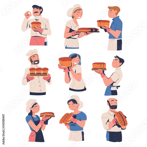 People Characters Producing Bread Pastry Holding Fresh Baked Product Vector Set