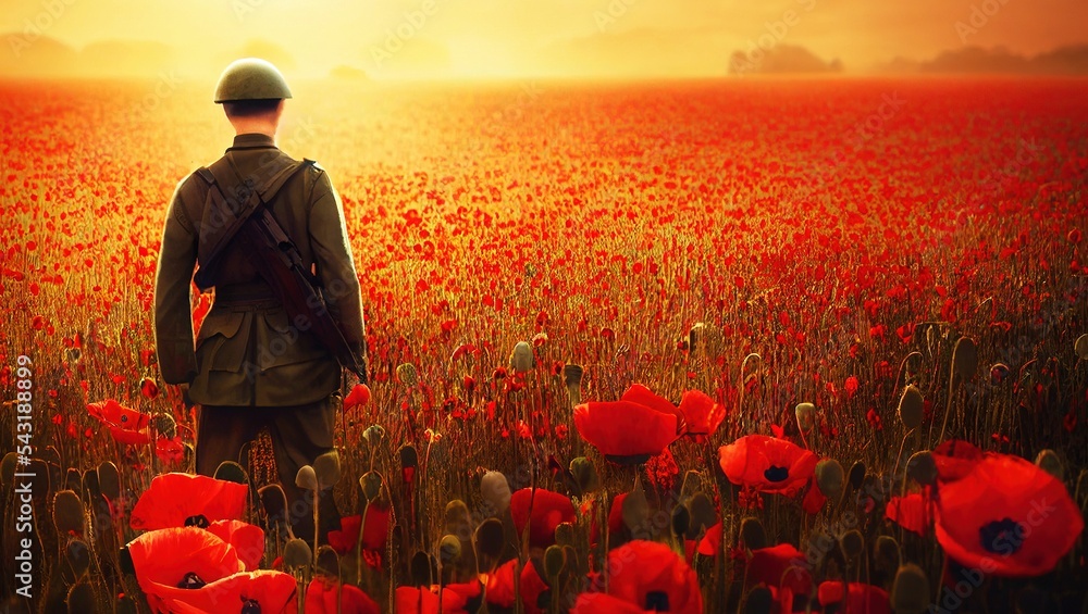 AI generated illustration of a soldier in the poppy field during golden sunset - obrazy, fototapety, plakaty 