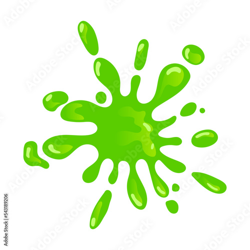 Splattered green slime splash and blob. Vector illustration of sticky mucus splat or dripping goo liquid. Cartoon slimy droplet isolated on white