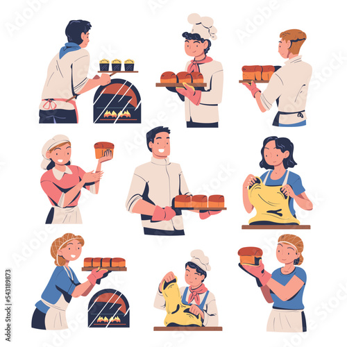 People Characters Producing Bread Pastry Holding Fresh Baked Product Vector Set