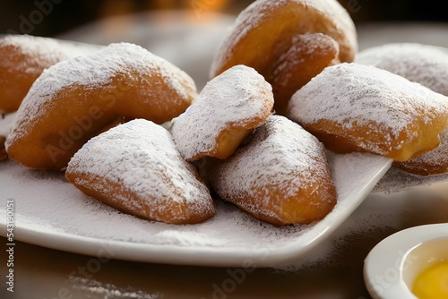 Close-up of beignets on a white plate served with sugar powder