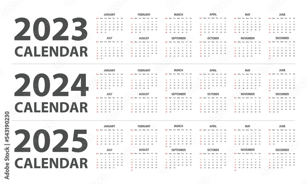 2023, 2024, 2025 calendar vector illustration. Simple classic monthly