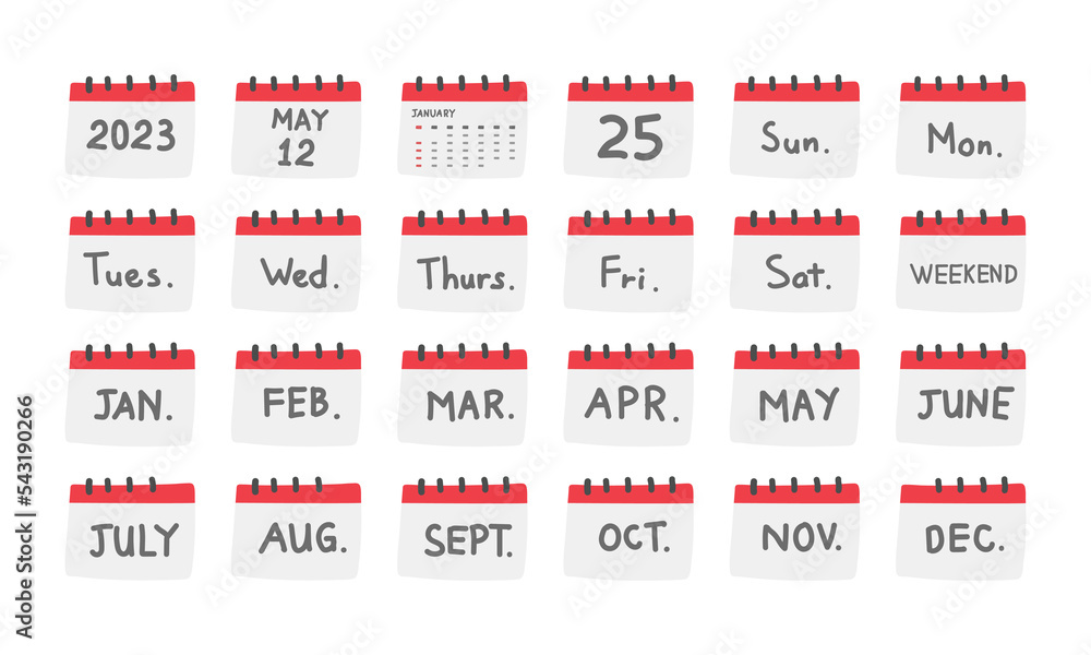 Set of simple desk calendar clipart doodle drawing vector illustration