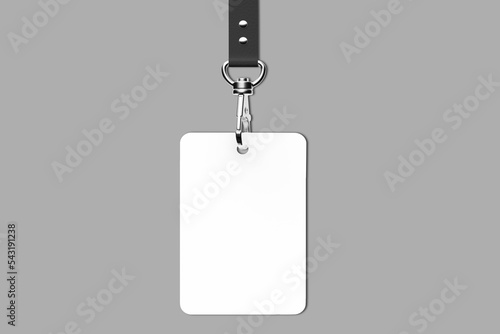 Realistic identification badge blank mockup. white accreditation ID card with black leather ribbon. 3d rendering. photo