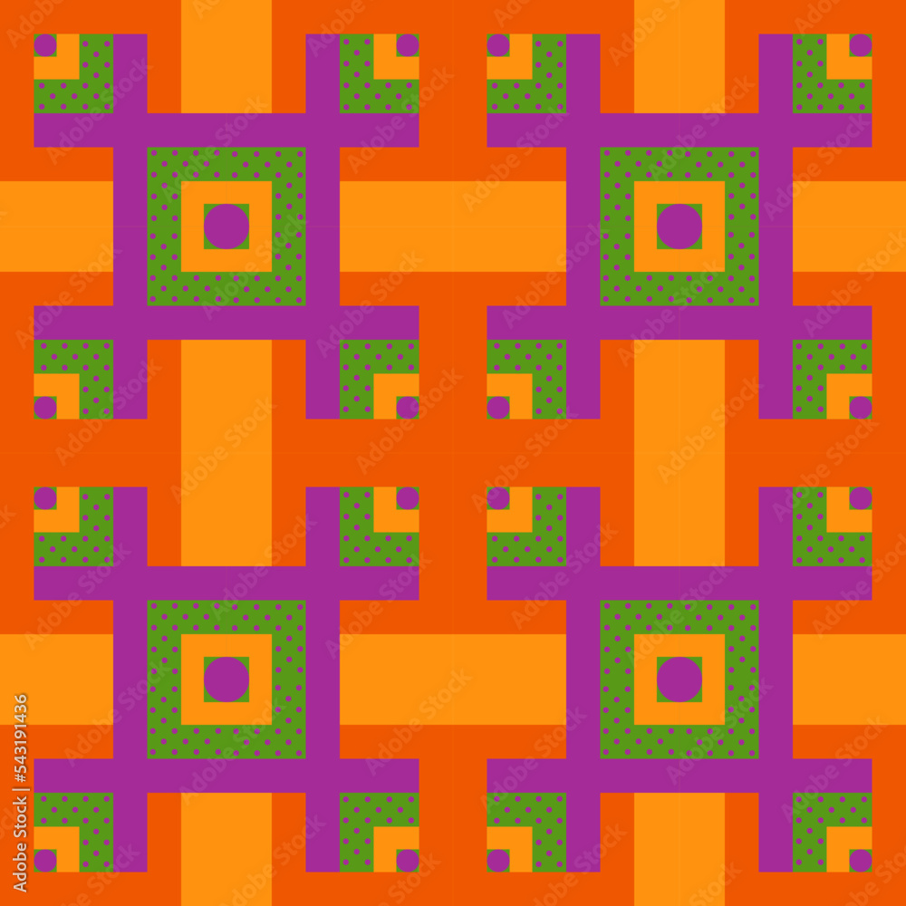 Modern bright geometry background. Vector seamless pattern. Square, polka dots. Pumpkin orange, green, purple violet color. Cute print. Wallpaper Geometric sample. Сreative Design. Vibrant scheme. Modern bright geometry background. Vector seamless pattern. Square, polka dots. Pumpkin orange, green, purple violet color. Cute print. Wallpaper Geometric sample. Сreative Design. Vibrant scheme.