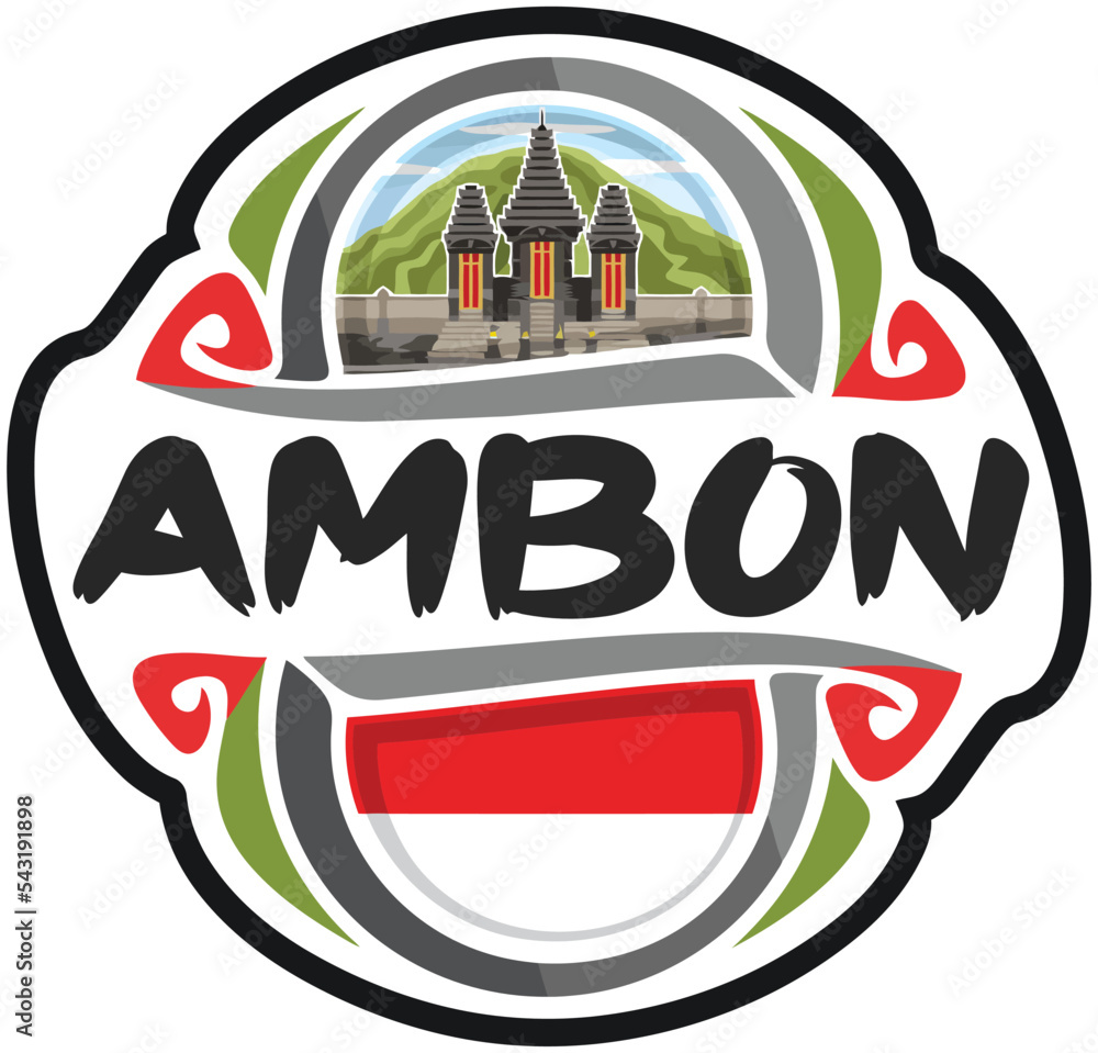 Ambon Indonesia Flag Travel Souvenir Sticker Skyline Landmark Logo Badge Stamp Seal Emblem EPS