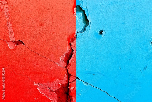 Opposed colors background, abstract political election conflicts concept, e.g., US (United State), Republican party red color VS Democratic party blue color together painted on cracked wall.