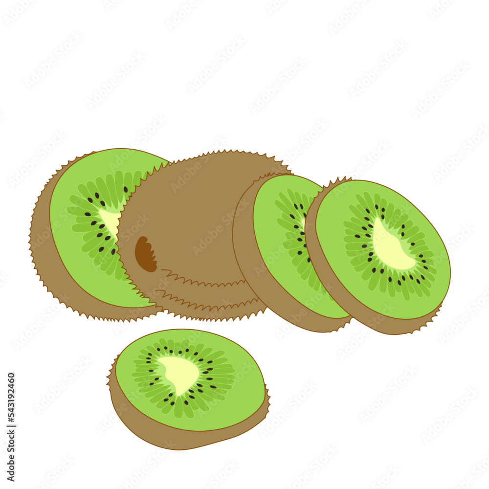 Obraz premium Illustration of healthy and nutritious kiwi fruit whole and cut with peel in minimalistic flat style, vector isolated on white background.