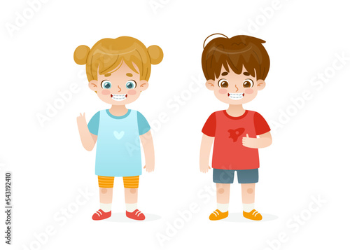 Cartoon kids with braces standing and wide smiling. Cute vector children with brackets.