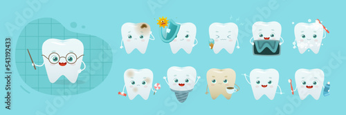 Cute tooth mascot set. Cartoon dental characters bundle for kids dental clinic. Big vector collection of adorable baby tooth.