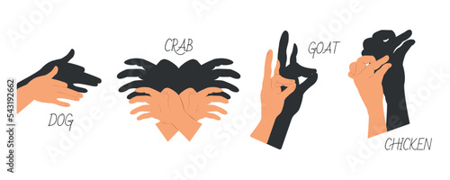 Hands gestures shadow. Antique gaming puppets from hands different theatral action animals dog, crab, goat, chicken, recent vector symbols