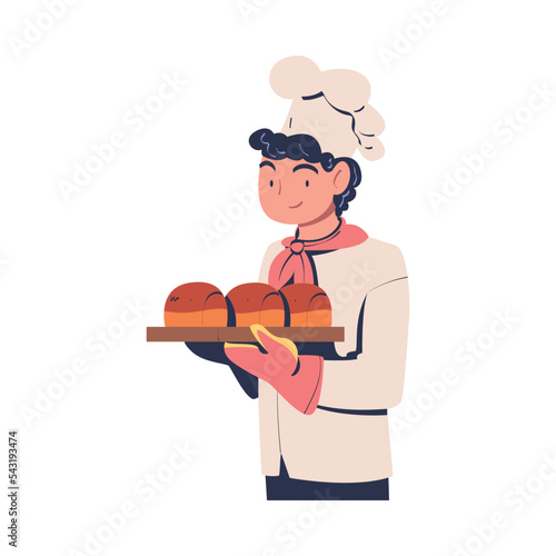 Man Baker in Toque Holding Hot Bread Loaf on Tray with Potholder Vector Illustration