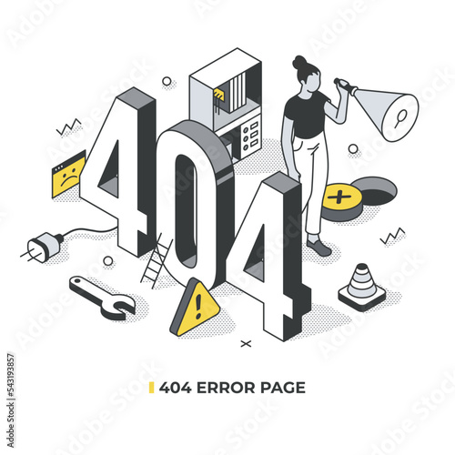 Concept 404 error. Page not found or unavailable. Woman with flashlight trying to find way out. Isometric vector illustration with isolated objects for web page