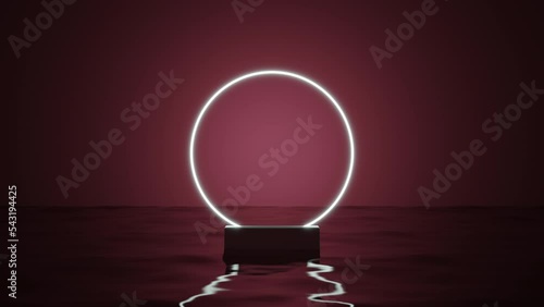 Round Illuminated 3D Podium Over Water, Studio Scene

Image suitable for displaying text and products on a red background water surface.