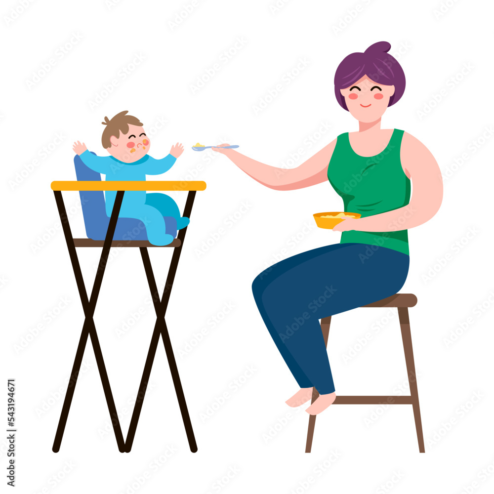 Fototapeta premium Mom feeding baby. Vector illustration of woman with newborn child. Cartoon mother isolated on white
