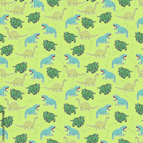 Vector seamless pattern with cartoon dinosaurs. Hand drawn doodle background for kids.