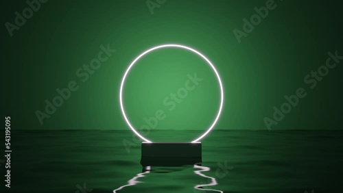 Round Illuminated 3D Podium Over Water, Studio Scene
Image suitable for displaying text and products on a green background water surface.