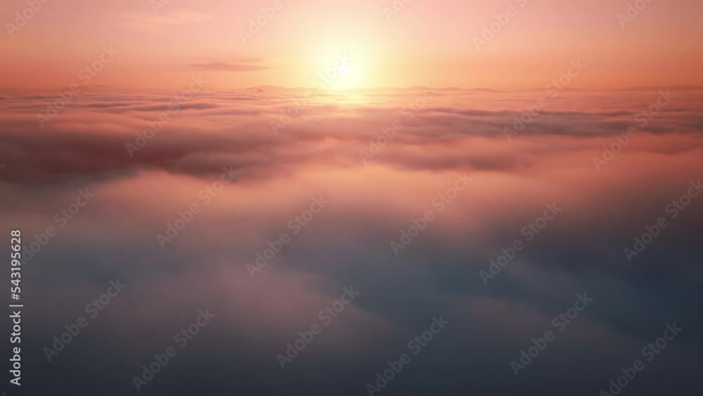 Camera is raising above the sea of endless clouds at golden sunset hour. Beautiful ASMR nature landscape and heavenly orange sun rays. Camera is raising above the sea of endless clouds at golden sunset hour. Beautiful ASMR nature landscape and heavenly orange sun rays.