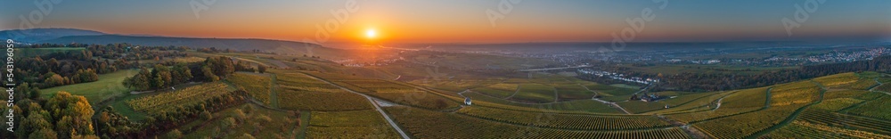 Aerial panoramic shot of a beautiful sunrise over the Rhine near Eltville/Germany in autumn