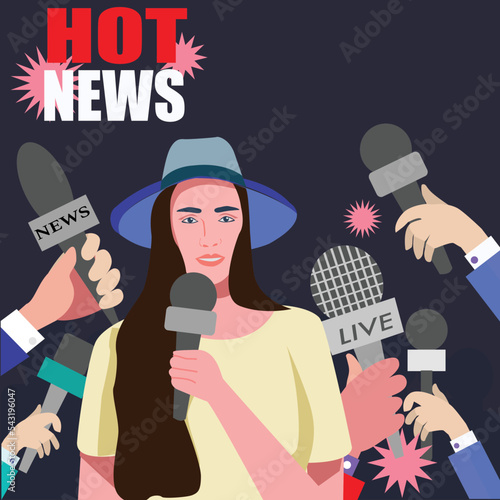 Journalist Pretty young woman with microphone reports news.