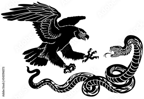 Eagle fighting with a snake serpent. Silhouette. Isolated vector illustration