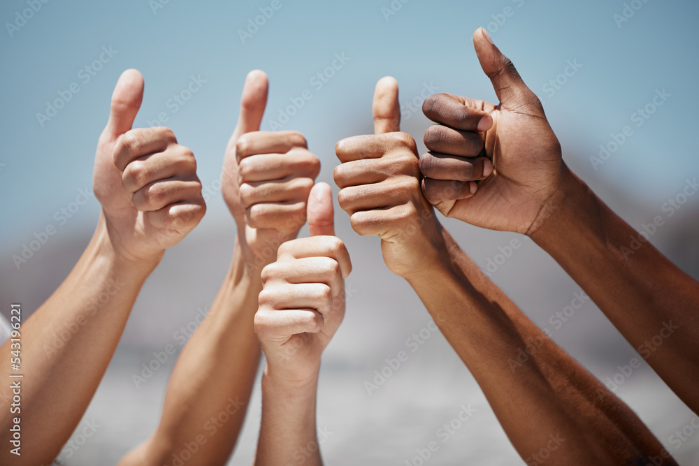Thumbs up, hands and community fo people, friends or team together for motivation, thank you and support for vote outdoor. Group of men and women together for yes sign review for teamwork and success Thumbs up, hands and community fo people, friends or team together for motivation, thank you and support for vote outdoor. Group of men and women together for yes sign review for teamwork and success