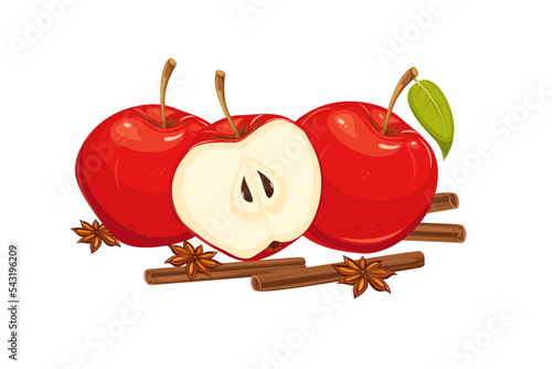 Illustration of apple, cinnamon and star anise. Design for baking, menu.Vector illustration.